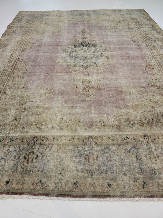 Hand-Knotted Wool Rug Tabriz Distressed 9'7" x 12'9"