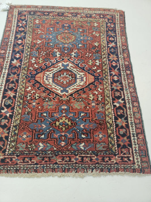 Antique Hand-Knotted Wool Rug Heriz Karajeh 3'4" x 4'4"