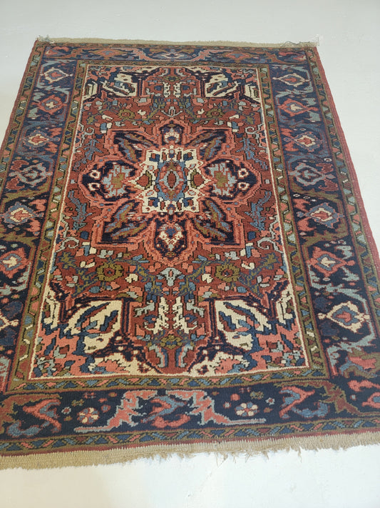 Hand-Knotted Wool Rug Heriz 3'5" x 4'2"