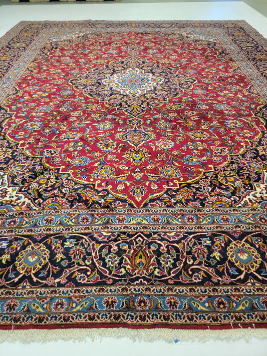 Antique Hand-Knotted Wool Area Rug Original Kashan Oversized 13'2" x 15'11"