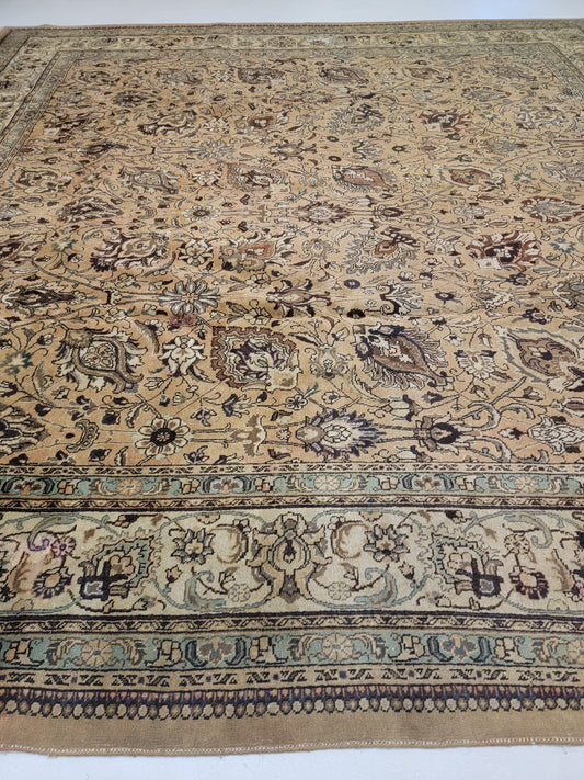 Antique Hand-Knotted Wool Area Rug Square Tabriz 12'10" x 13'2"
