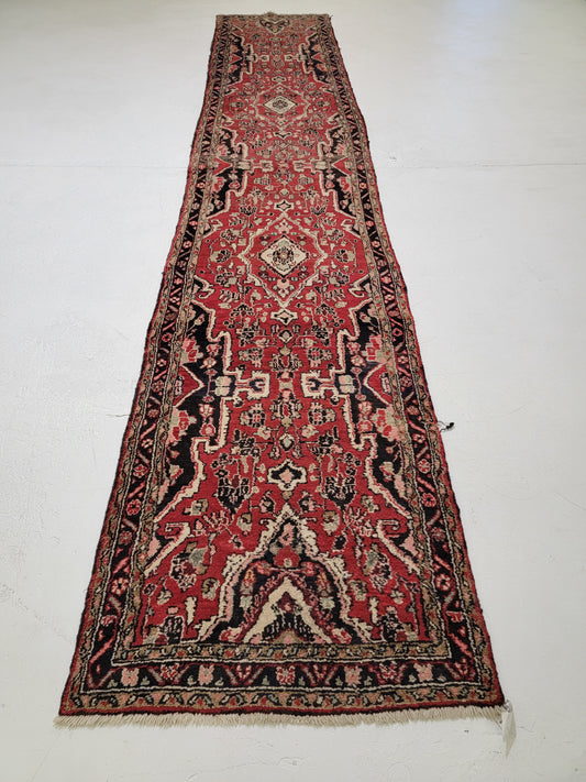 Antique Hand-Knotted Wool Runner Hamedan 3'2" x 16'8"