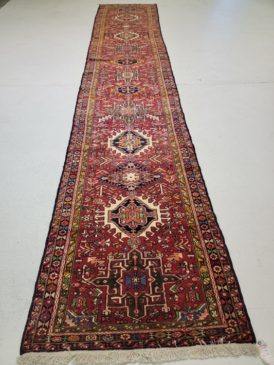 Antique Hand-Knotted Wool Runner Karajeh 3'5" x 18'