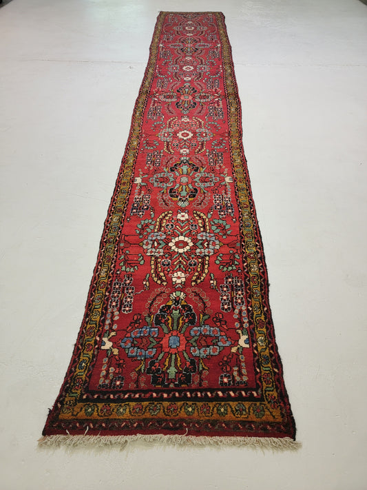 Antique Hand-Knotted Wool Runner Hamedan 2'10" x 17'3"