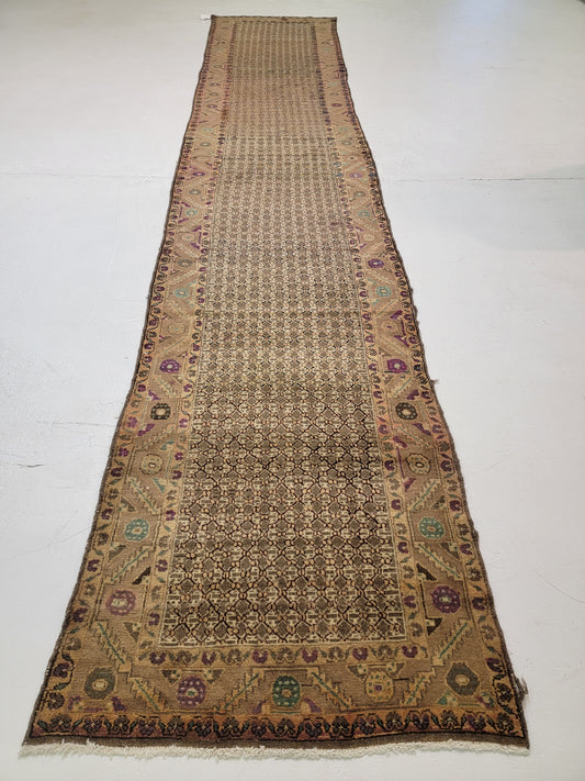 Antique Hand-Knotted Wool Runner Kurdish Herati  3'2" x 16'3"