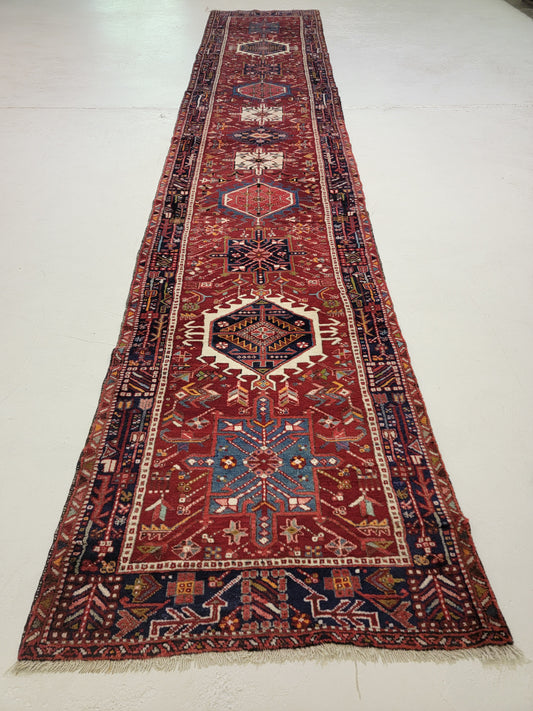 Antique Hand-Knotted Wool Runner Heriz Karajeh 3'5" x 18'