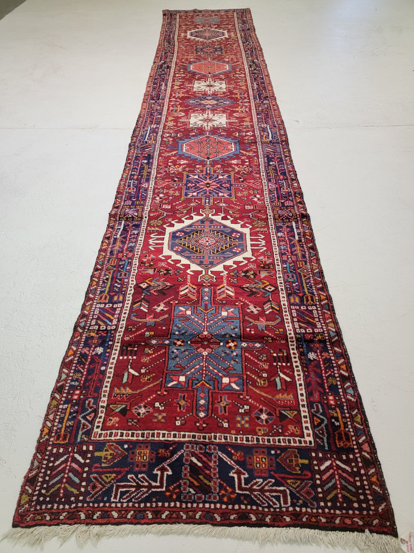 Antique Hand-Knotted Wool Runner Heriz Karajeh 3'5" x 18'
