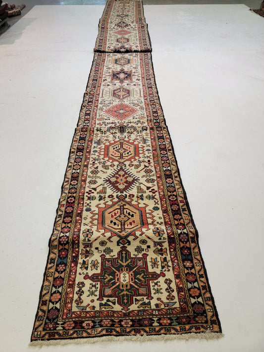 Antique Hand-Knotted Wool Runner Heriz Karajeh 3'1" x 46'8"
