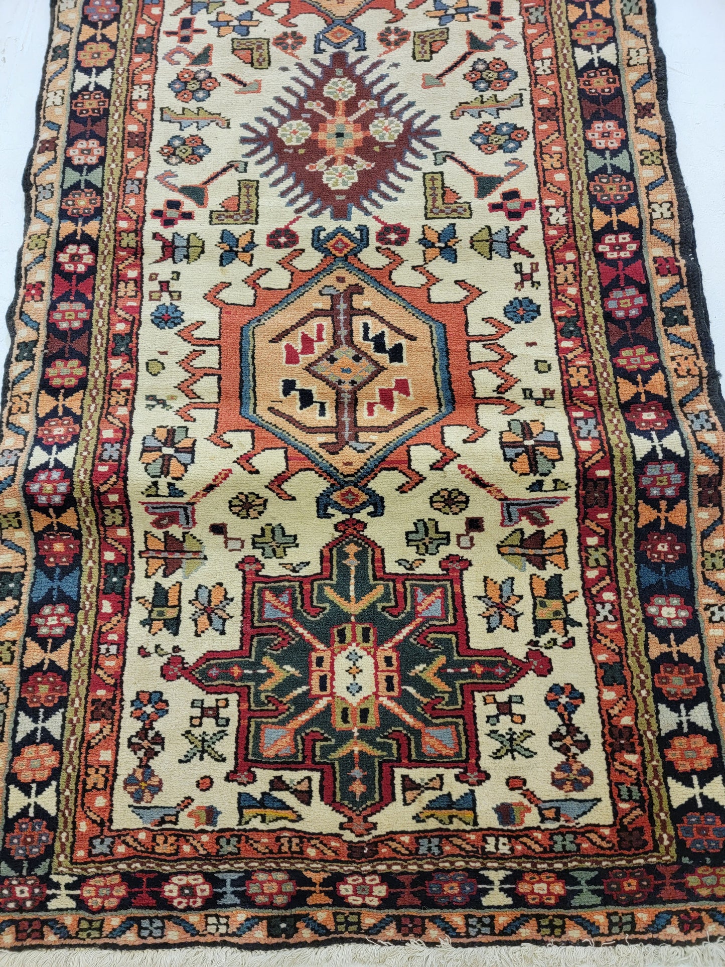 Antique Hand-Knotted Wool Runner Heriz Karajeh 3'1" x 46'8"