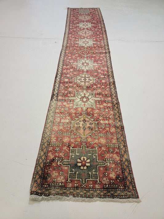 Antique Hand-Knotted Wool Runner Heriz Karajeh 2'6" x 13'