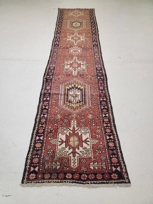 Antique Hand-Knotted Wool Runner Heriz Karajeh 2'9" x 12'1"