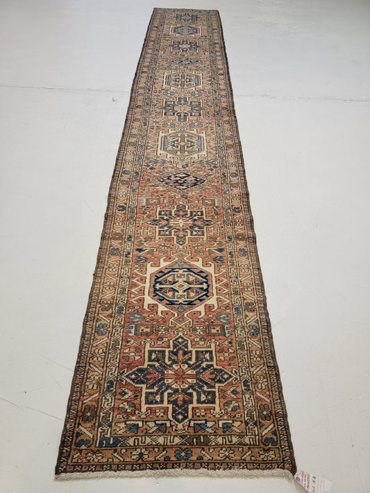 Antique Hand-Knotted Wool Runner Heriz Karajeh 2'2" x 13'8"