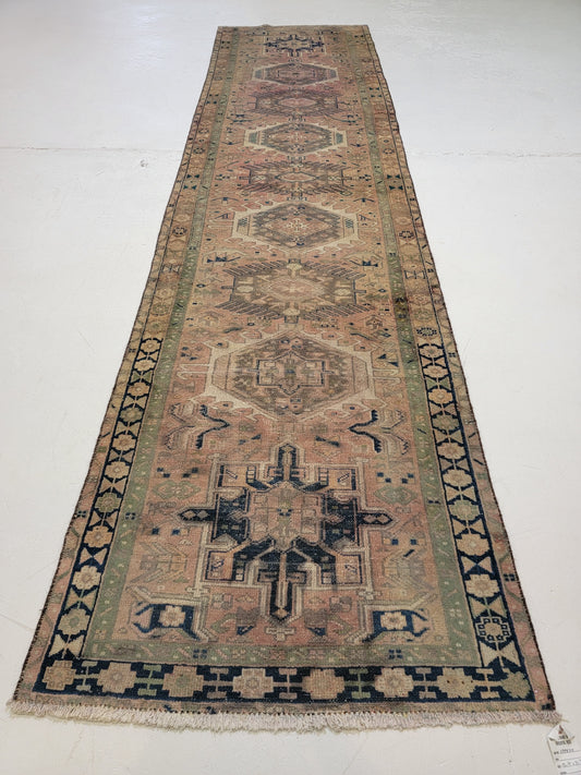 Antique Hand-Knotted Wool Runner Heriz Karajeh 3'3" x 12'10"