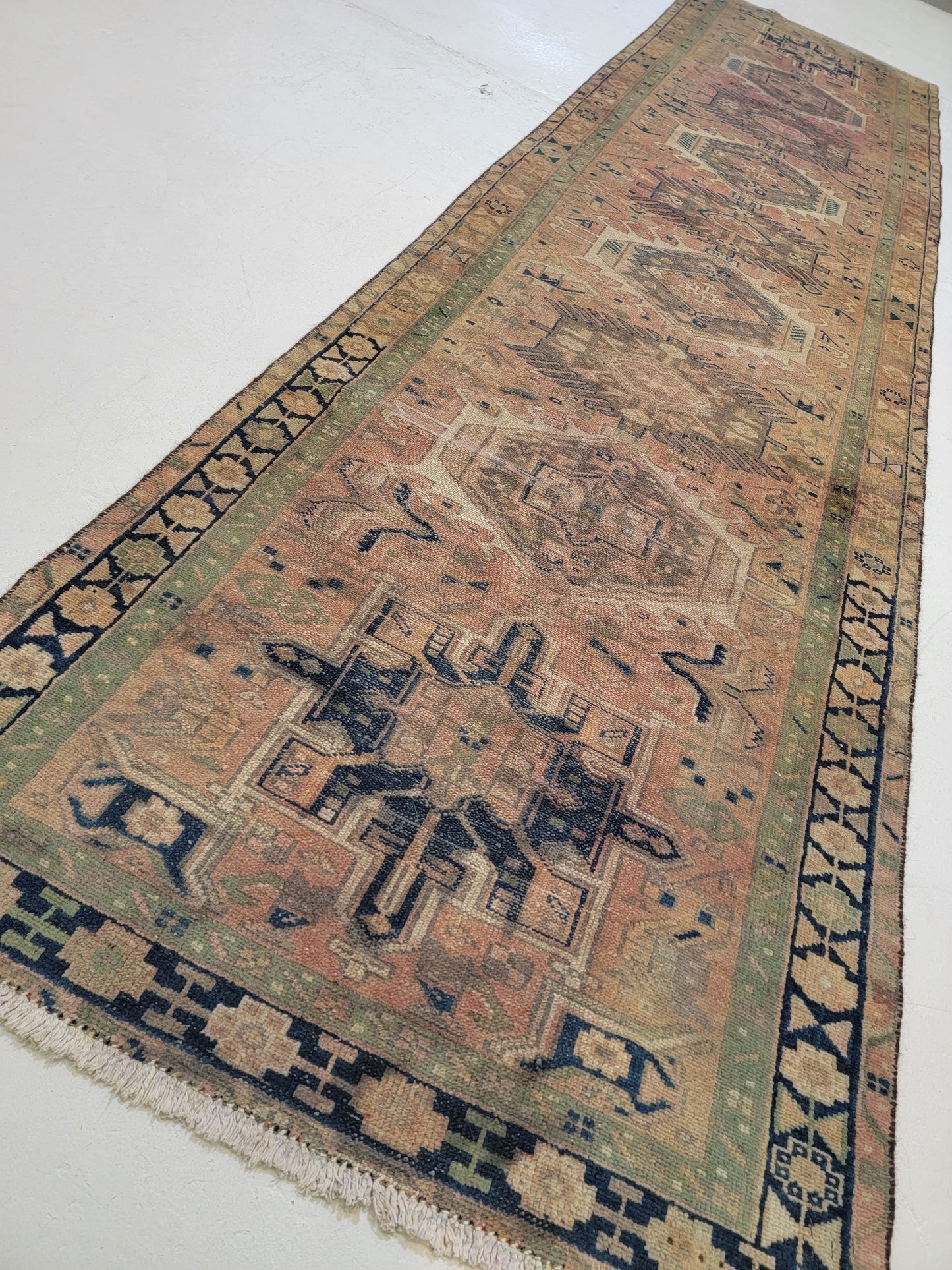 Antique Hand-Knotted Wool Runner Heriz Karajeh 3'3" x 12'10"