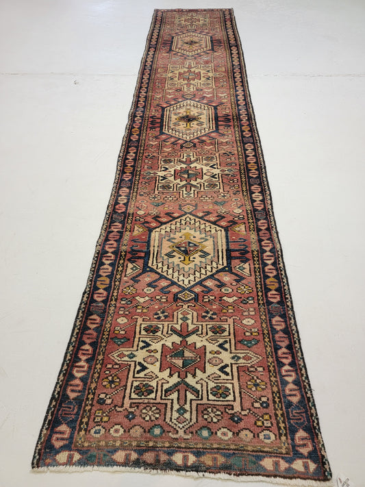 Hand-Knotted Wool Runner Antique Heriz Karajeh 2'5" x 12'1"