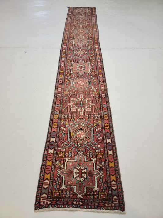 Hand-Knotted Wool Runner Antique Heriz Karajeh 2' x 12'9"