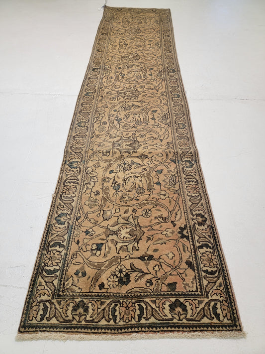 Antique Hand-Knotted Wool Runner Tabriz 3' x 12'10"