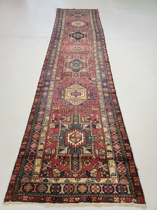 Antique Hand-Knotted Wool Runner Heriz Karajeh 3'3" x 13'6"