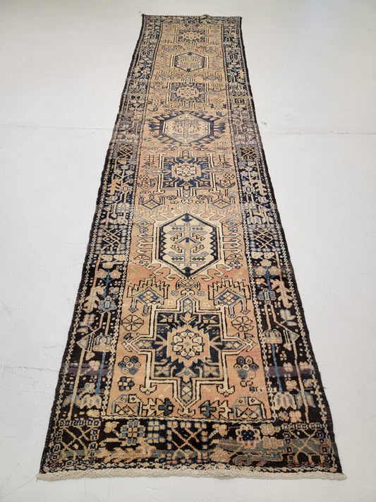 Antique Hand-Knotted Wool Runner Heriz Karajeh 3' x 12'4"