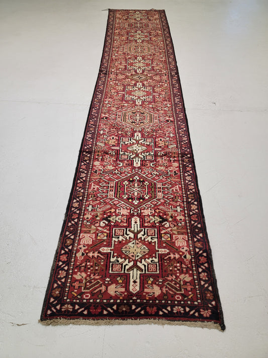 Antique Hand-Knotted Wool Runner Heriz Karajeh 2'7" x 13'10"