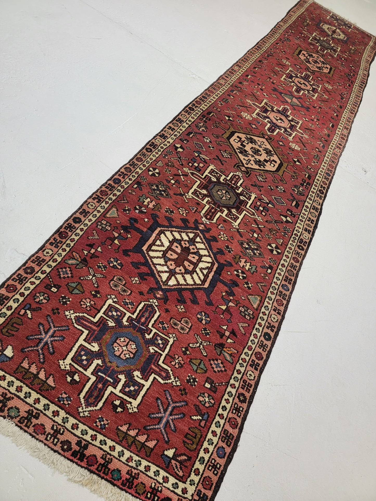 Antique Hand-Knotted Wool Runner Heriz Karajeh 2'7" x 13'2"