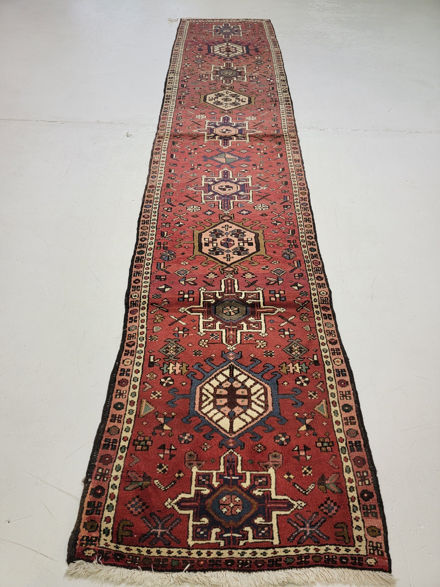 Antique Hand-Knotted Wool Runner Heriz Karajeh 2'7" x 13'2"