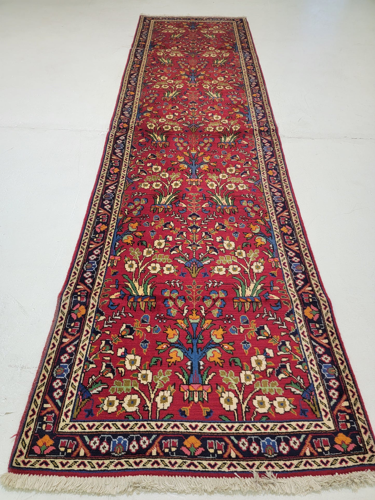 Antique Hand-Knotted Wool Runner Hamedan Rudbar 3'6" x 12'8"