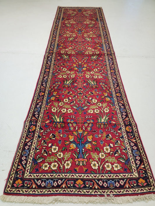 Antique Hand-Knotted Wool Runner Hamedan Rudbar 3'6" x 12'8"