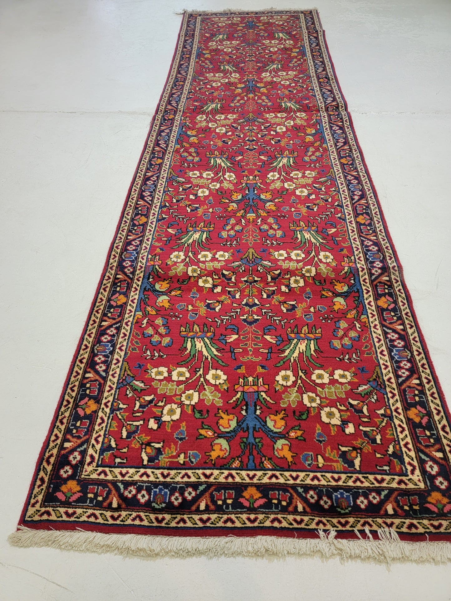 Antique Hand-Knotted Wool Runner Hamedan Rudbar 3'6" x 12'8"