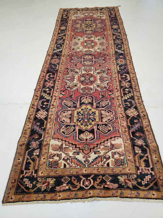 Antique Hand-Knotted Wool Runner Heriz Ahar 3'6" x 10'1"