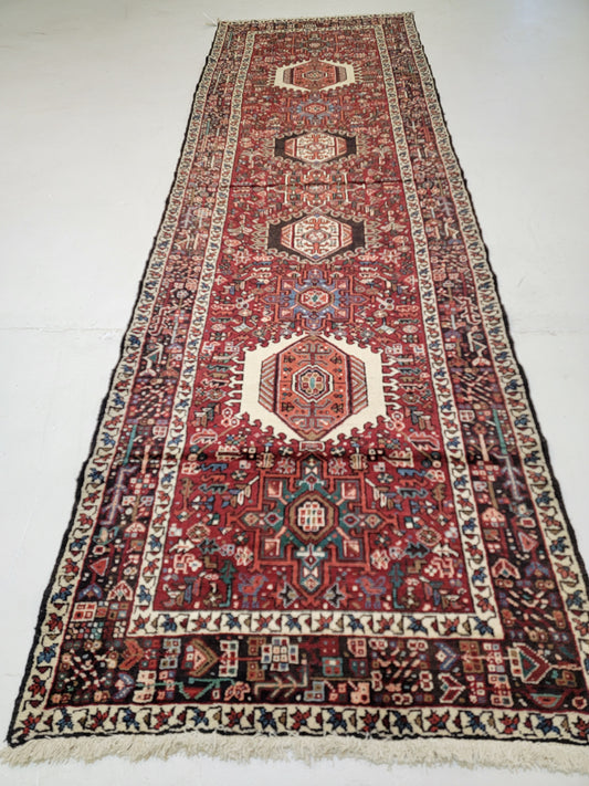 Antique Hand-Knotted Wool Runner Heriz Karajeh 3'7" x 11'7"