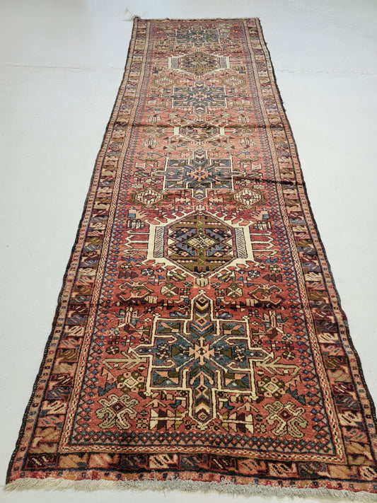 Antique Hand-Knotted Wool Runner Heriz Karajeh 3'2" x 11'9"