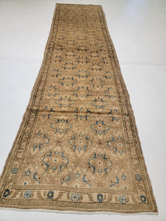 Antique Hand-Knotted Wool Runner Mahal 3'7" x 13'10"