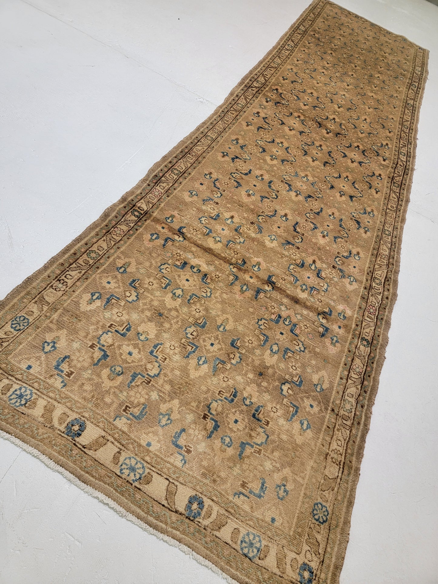 Antique Hand-Knotted Wool Runner Mahal 3'7" x 13'10"