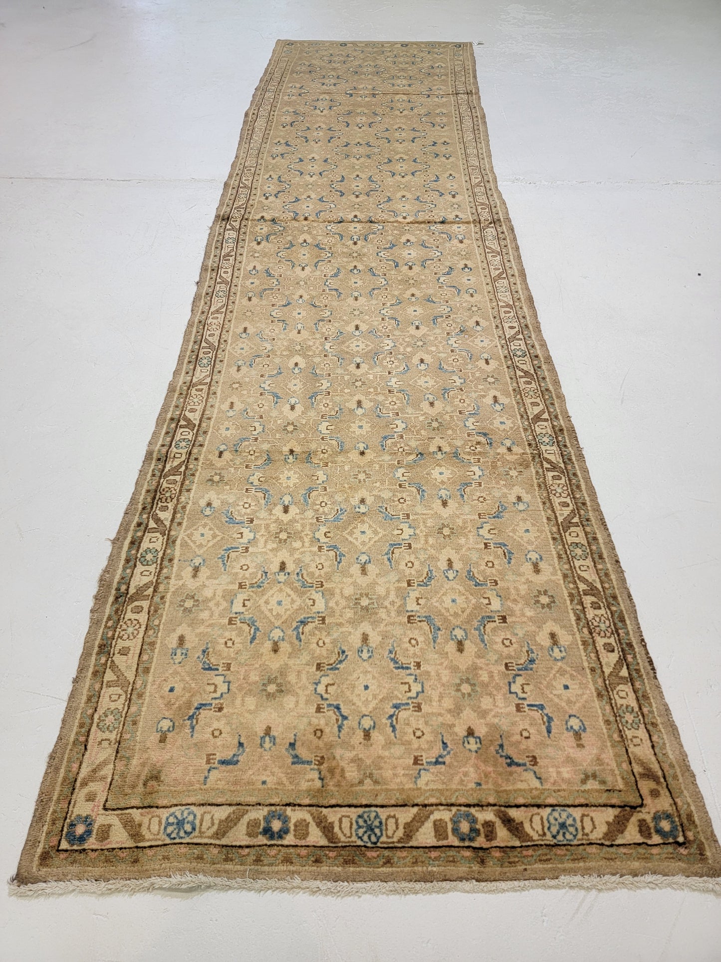 Antique Hand-Knotted Wool Runner Mahal 3'7" x 13'10"
