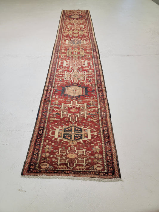 Antique Hand-Knotted Wool Runner Heriz Karajeh 2'9" x 14'10"