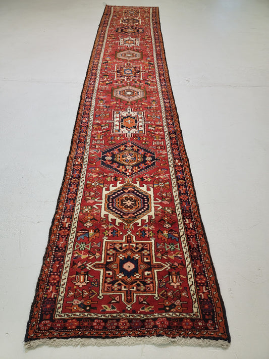 Antique Hand-Knotted Wool Runner Heriz Karajeh 2'11" x 15'9"