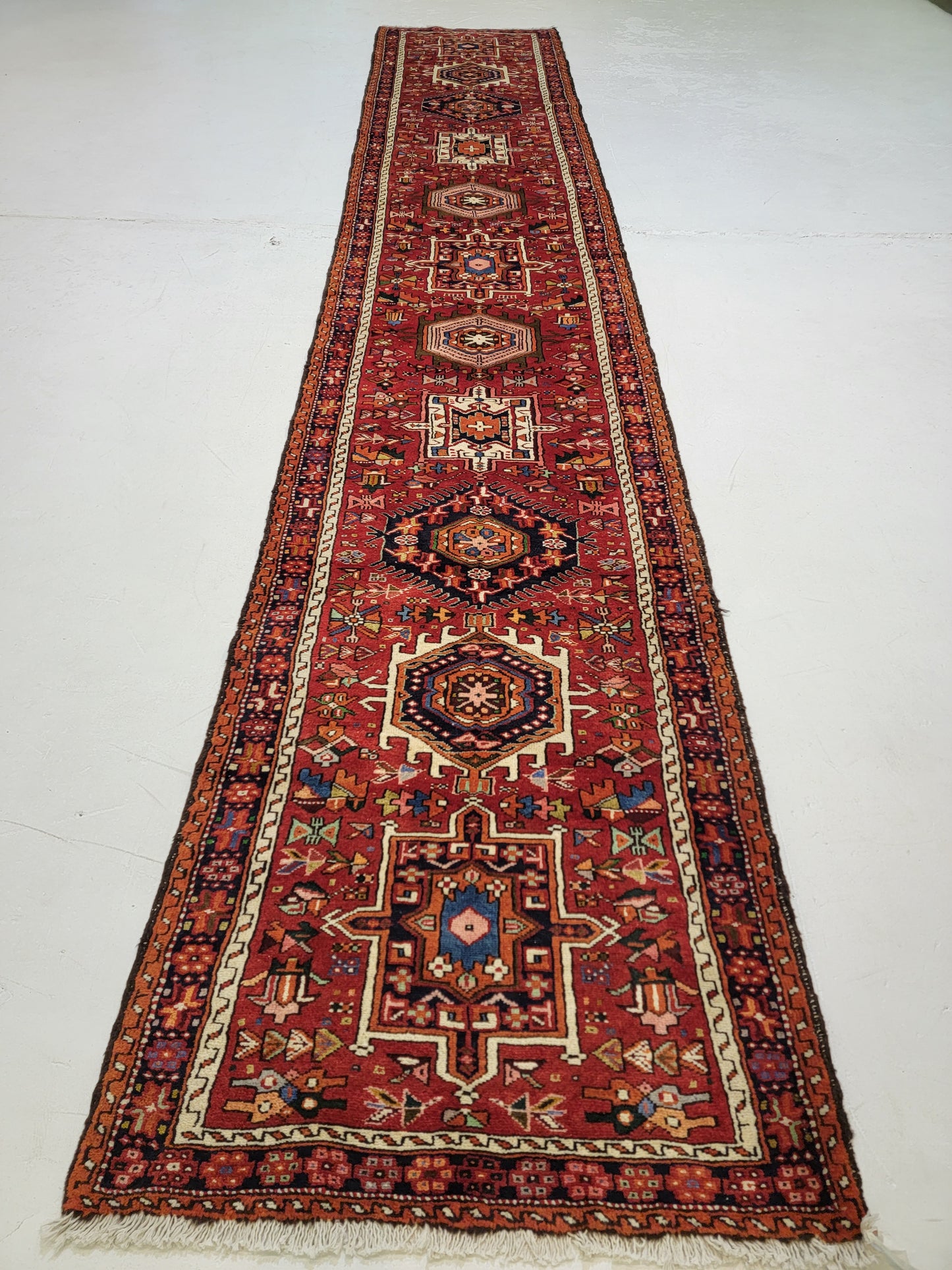 Antique Hand-Knotted Wool Runner Heriz Karajeh 2'11" x 15'9"