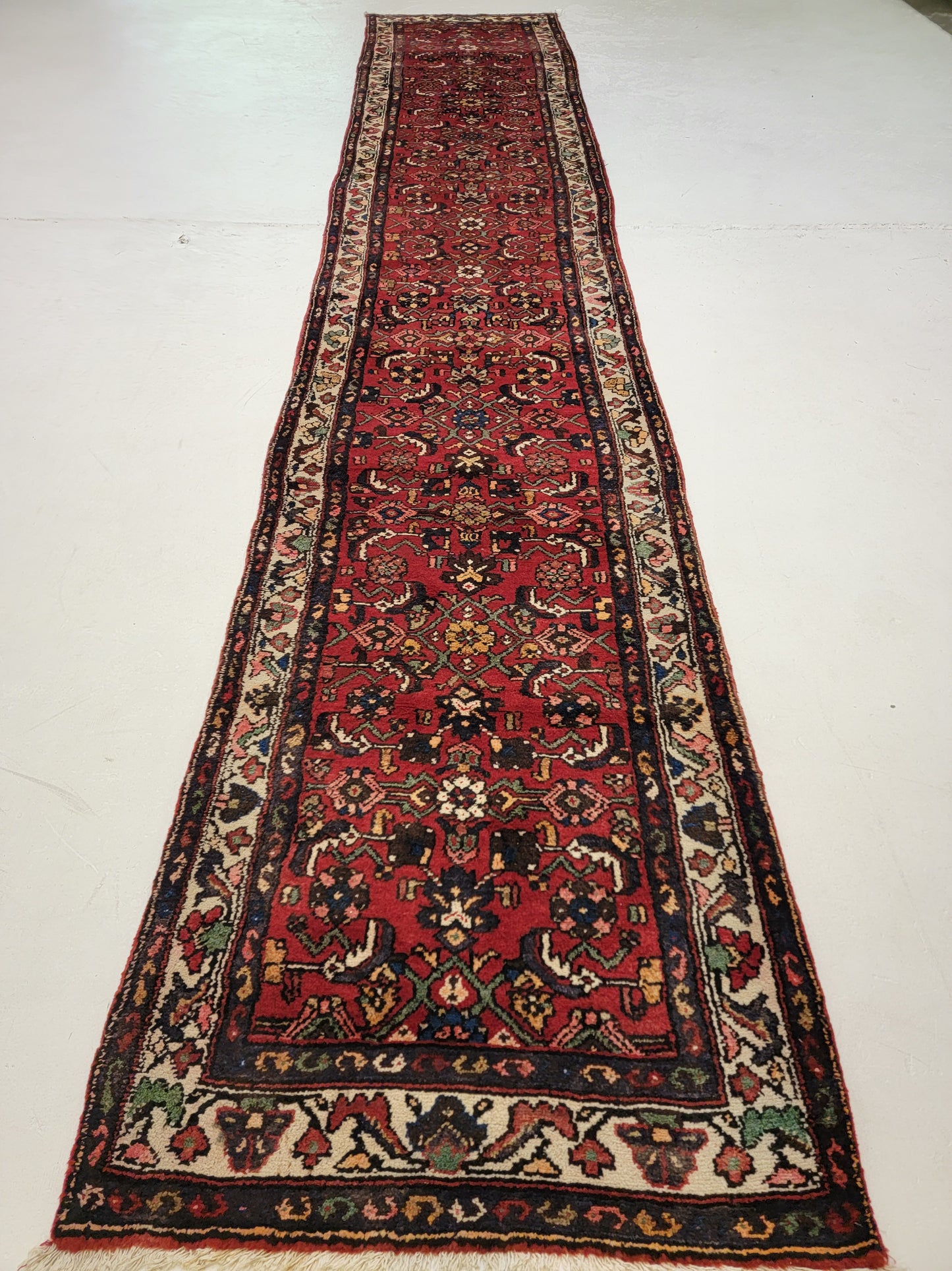 Antique Hand-Knotted Wool Runner Hamedan 2'11" x 16'2"