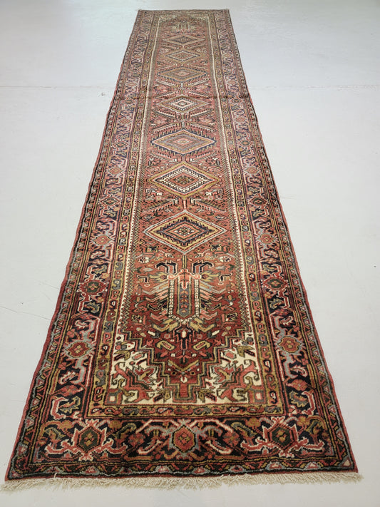 Antique Hand-Knotted Wool Runner Heriz Karajeh 3'7" x 15'11"