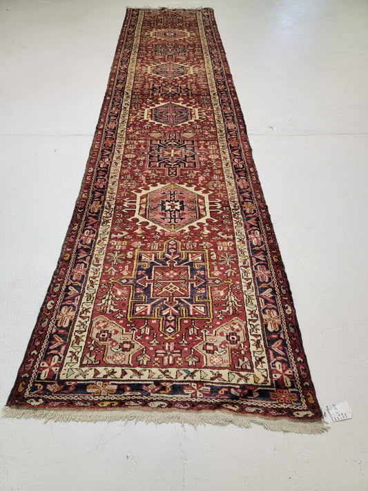 Antique Hand-Knotted Wool Runner Heriz Karajeh 3'3" x 15'6"