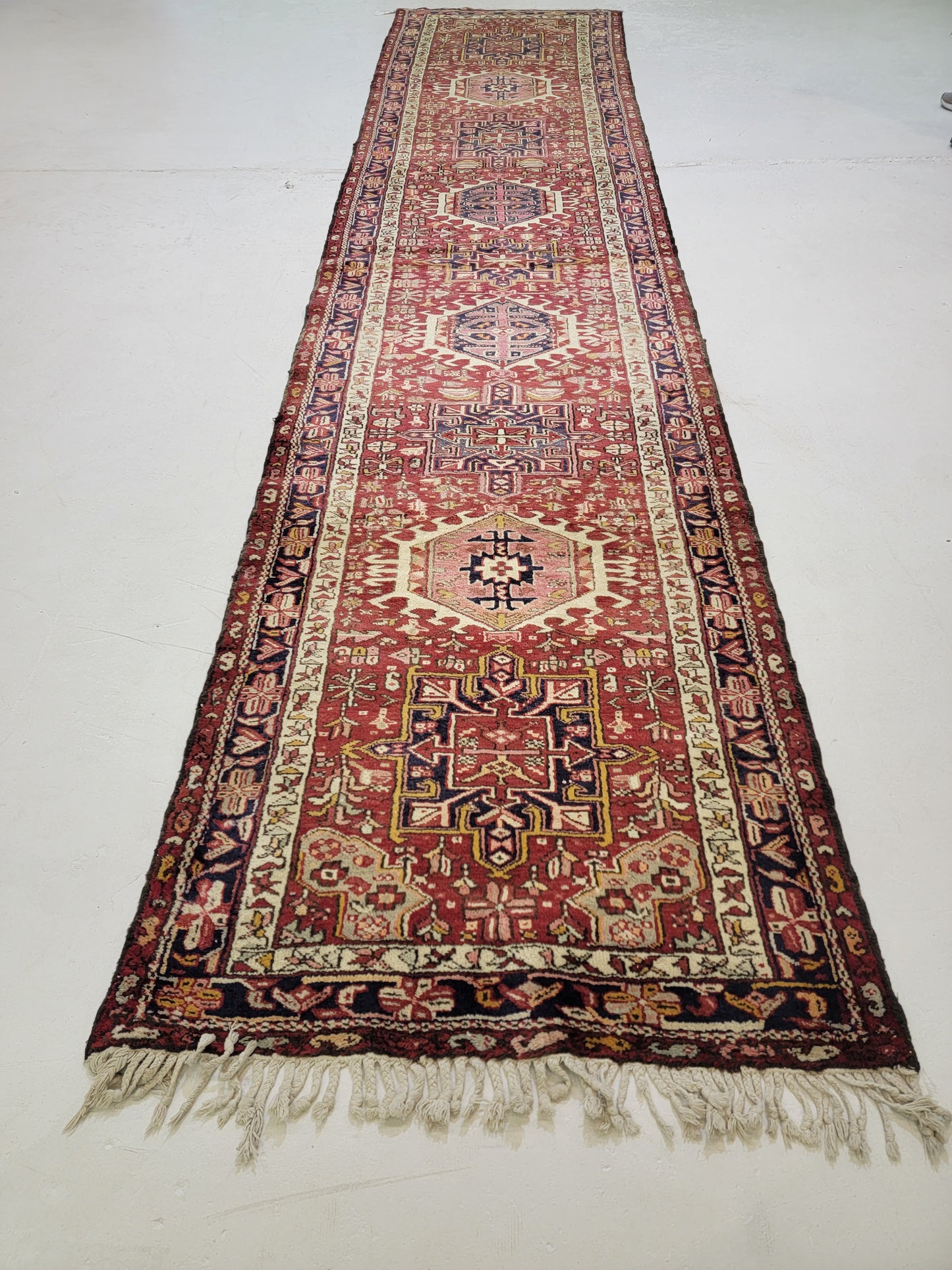 Antique Hand-Knotted Wool Runner Heriz Karajeh 3'3" x 15'6"