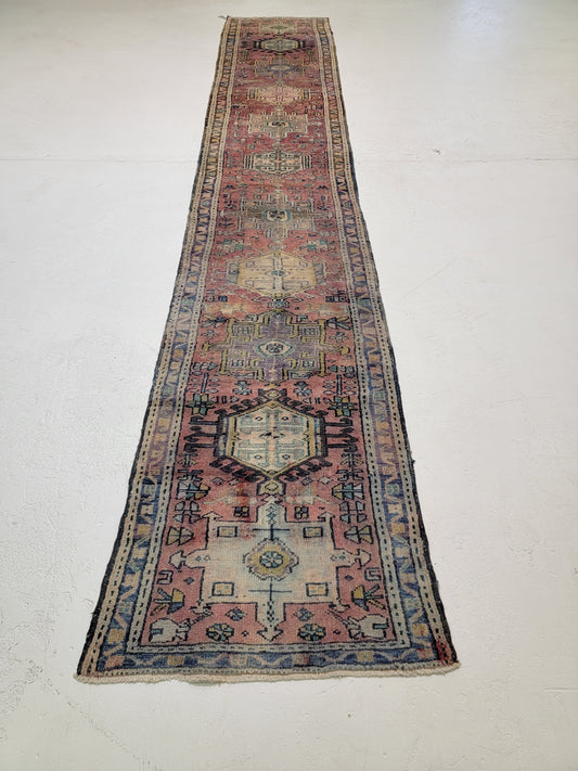Antique Hand-Knotted Wool Runner Heriz Karajeh 2'6" x 14'5"