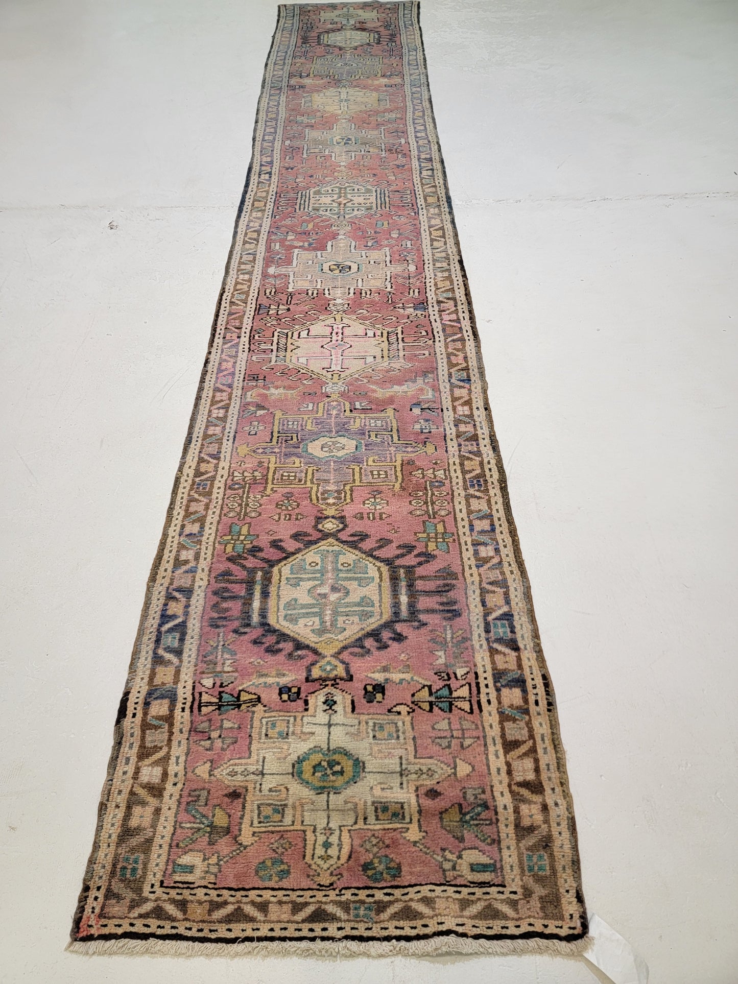 Antique Hand-Knotted Wool Runner Heriz Karajeh 2'6" x 14'5"