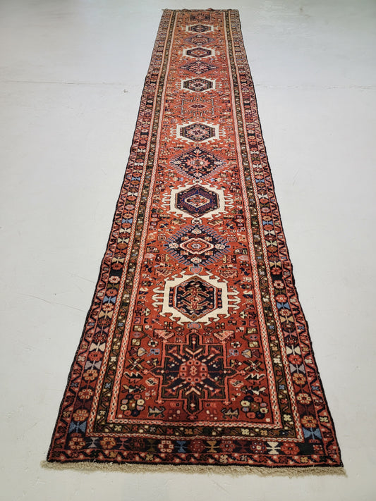 Antique Hand-Knotted Wool Runner Heriz Karajeh 2'10" x 15'8"