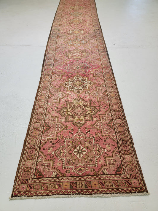 Antique Hand-Knotted Wool Runner Heriz Karajeh 3'5" x 17'