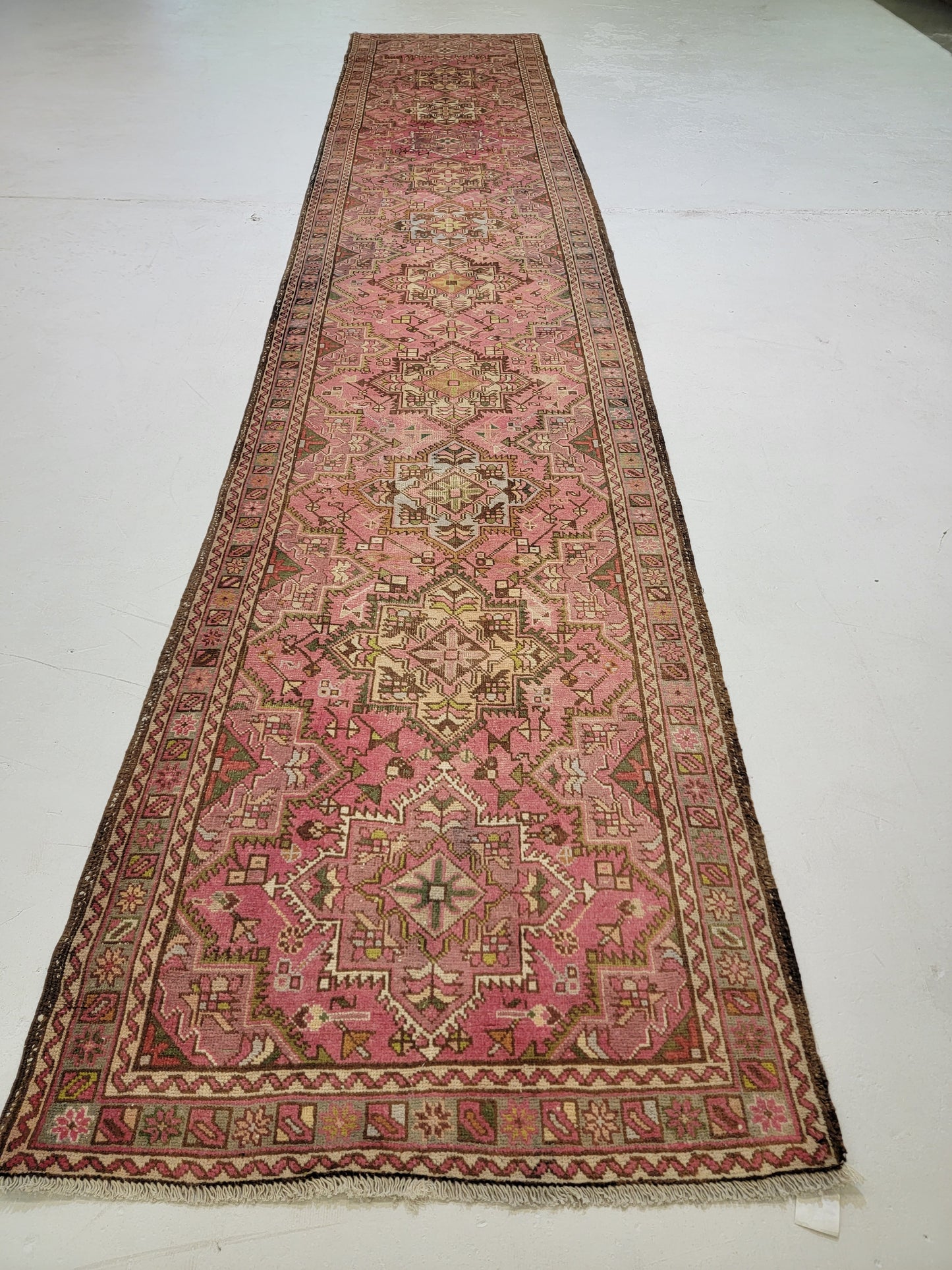 Antique Hand-Knotted Wool Runner Heriz Karajeh 3'5" x 17'