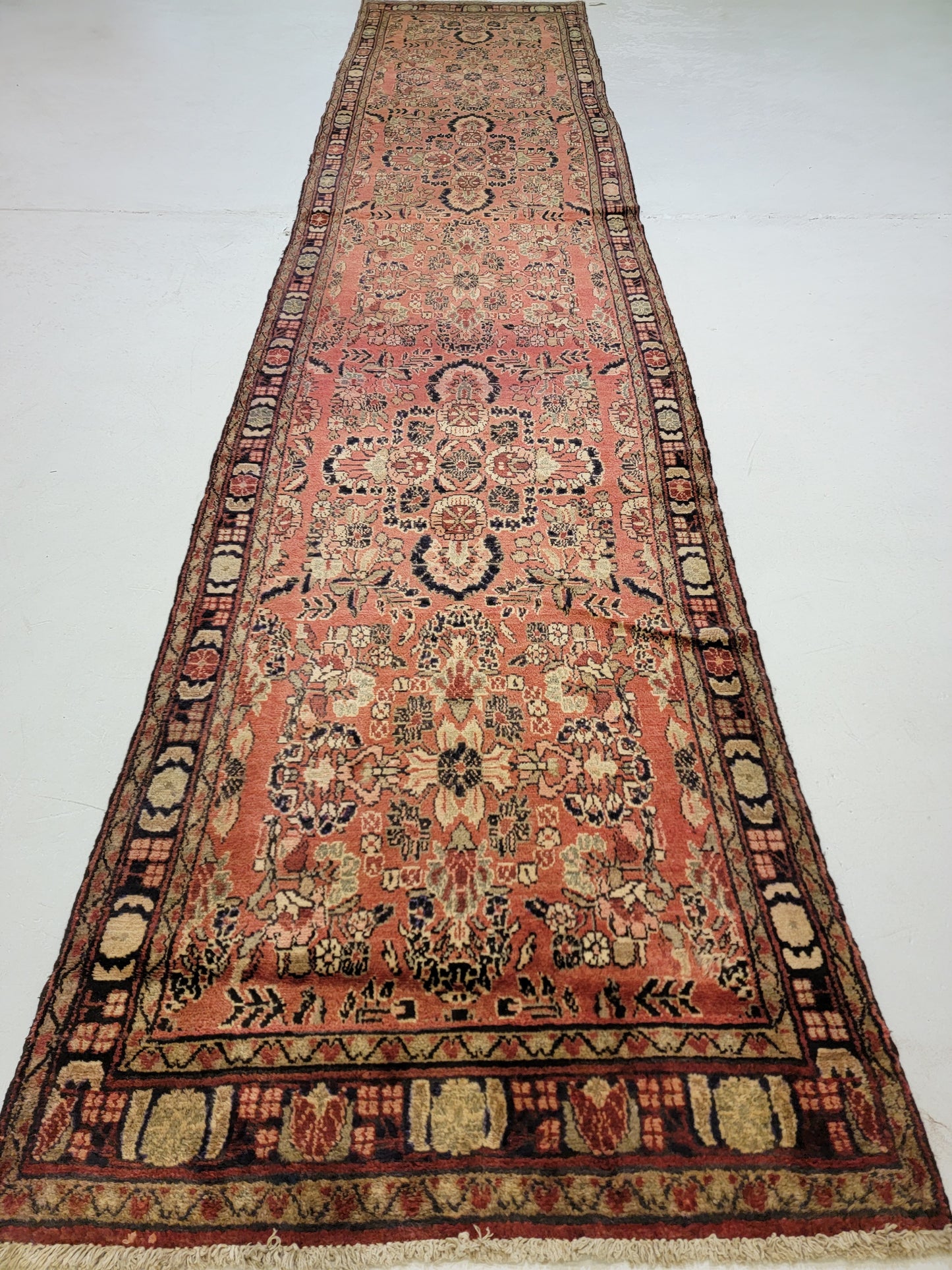 Antique Hand-Knotted Wool Runner Hamedan 3'1" x 16'6"