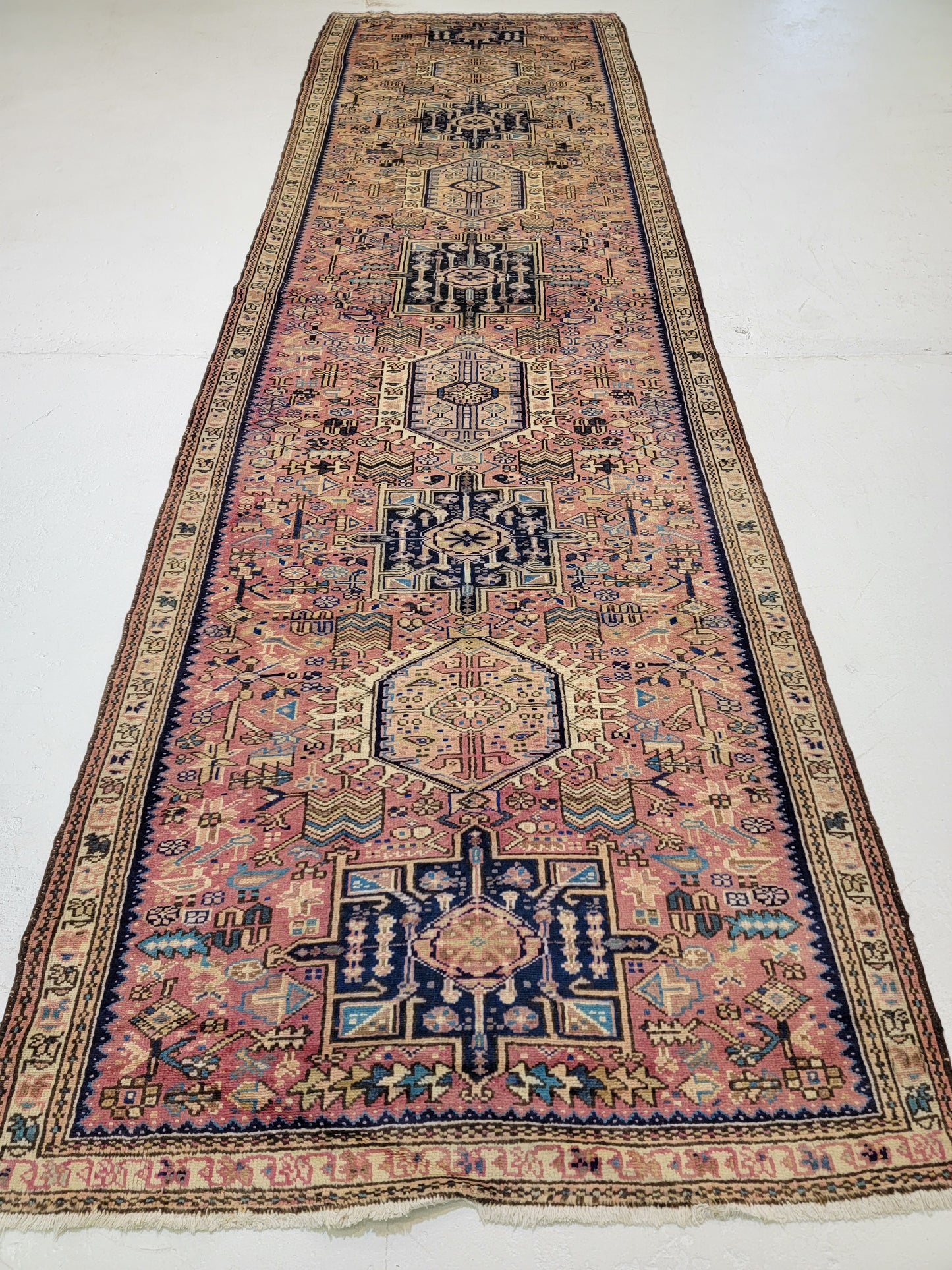 Antique Hand-Knotted Wool Runner Heriz Karajeh 3'10" x 13'3"