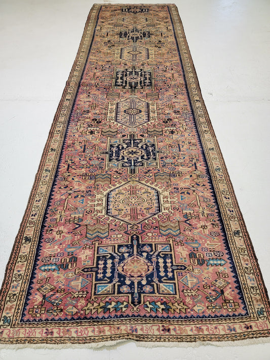 Antique Hand-Knotted Wool Runner Heriz Karajeh 3'10" x 13'3"